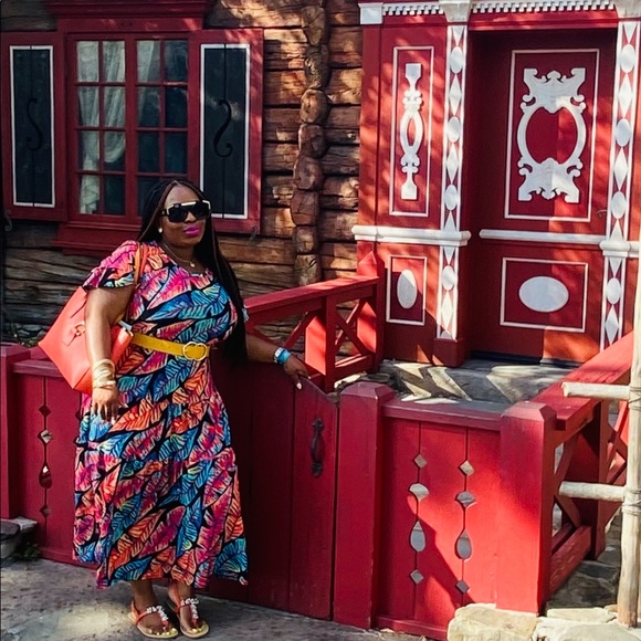 Brand New! Tiffany & Grey Multi-Colored Leaves Print Short Sleeve Dress Sz Small - Picture 3 of 9